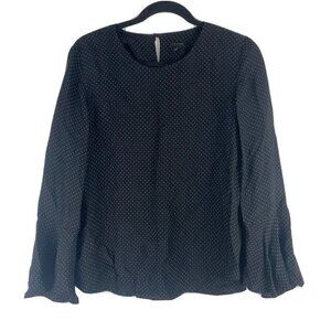 Ann Taylor Womens Polka Dot Blouse Size S Bell Sleeve Black Cream Round Neck